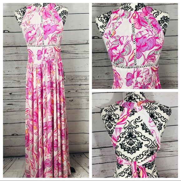 Anthropologie Abel the Label Floral Open Back Halter Maxi Dress White Pink XS - Picture 1 of 6
